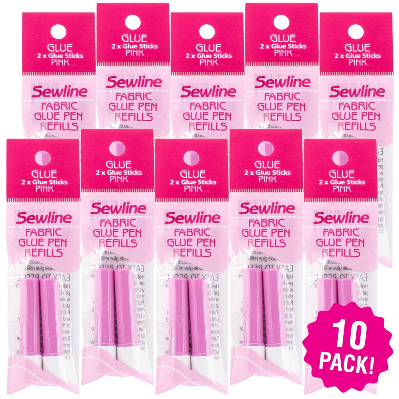 Multipack of 10 - Sewline Water-Soluble Fabric Glue Pen Refill 2/Pkg-Pink
